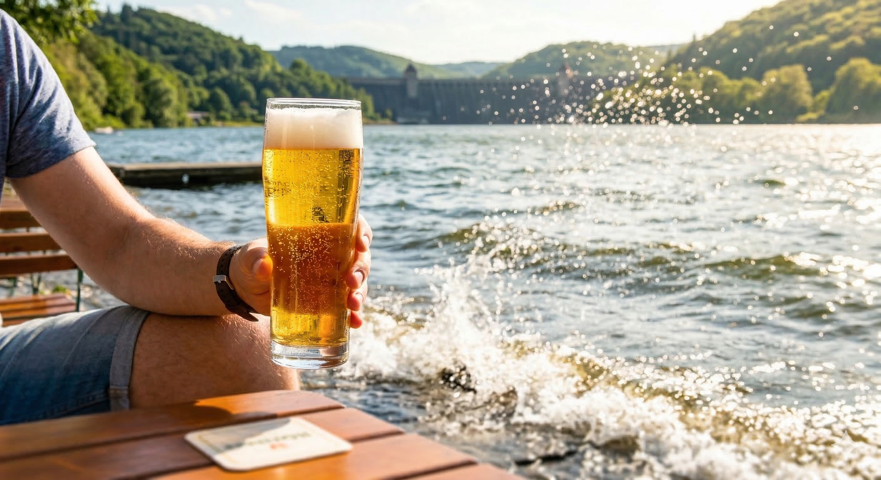 Prickelndes Glas Fürstliches Waldecker Helles, im Hintergrund der Edersee